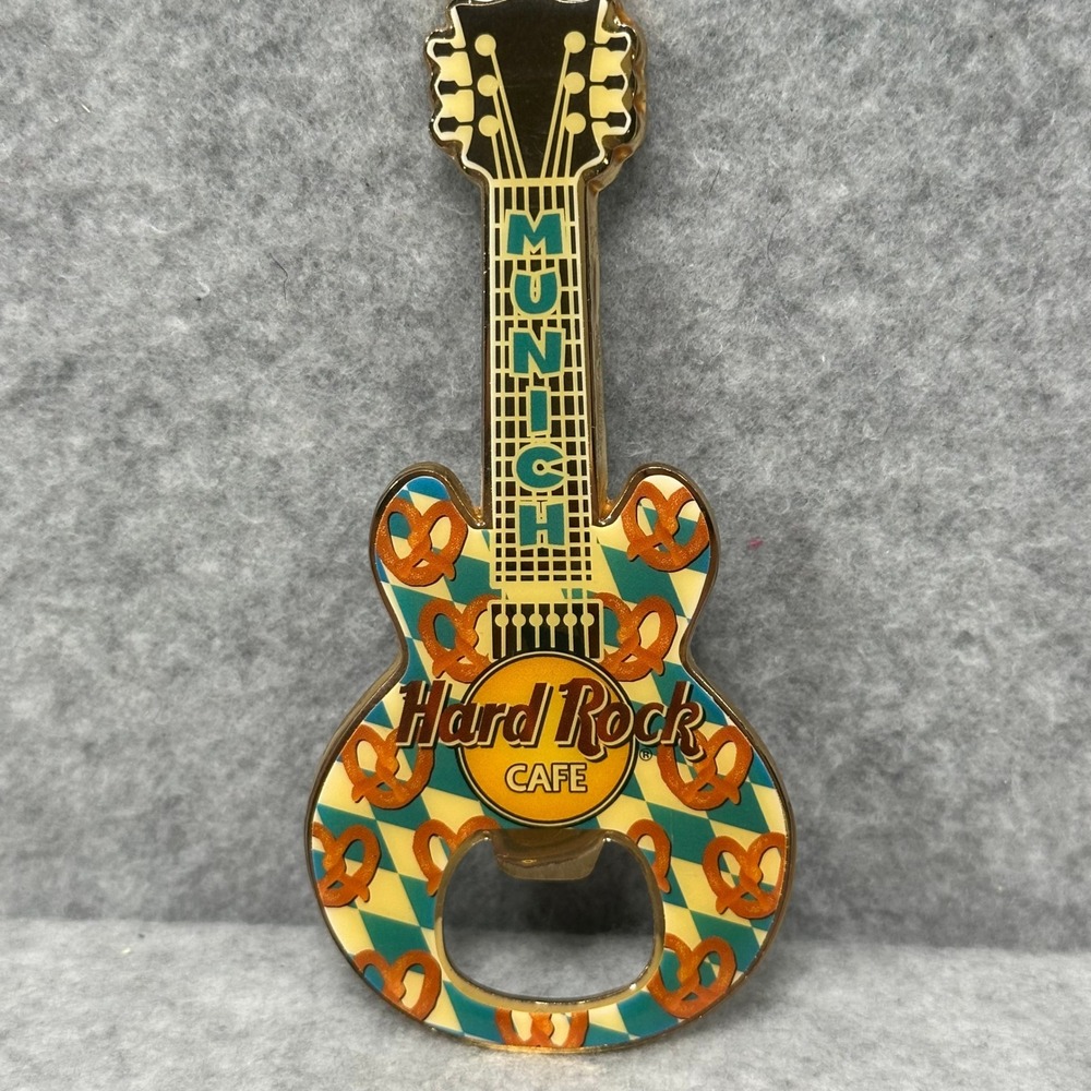 RARE Hard‎ Rock Cafe Munich Guitar Shaped Bottle Opener Pretzel Design